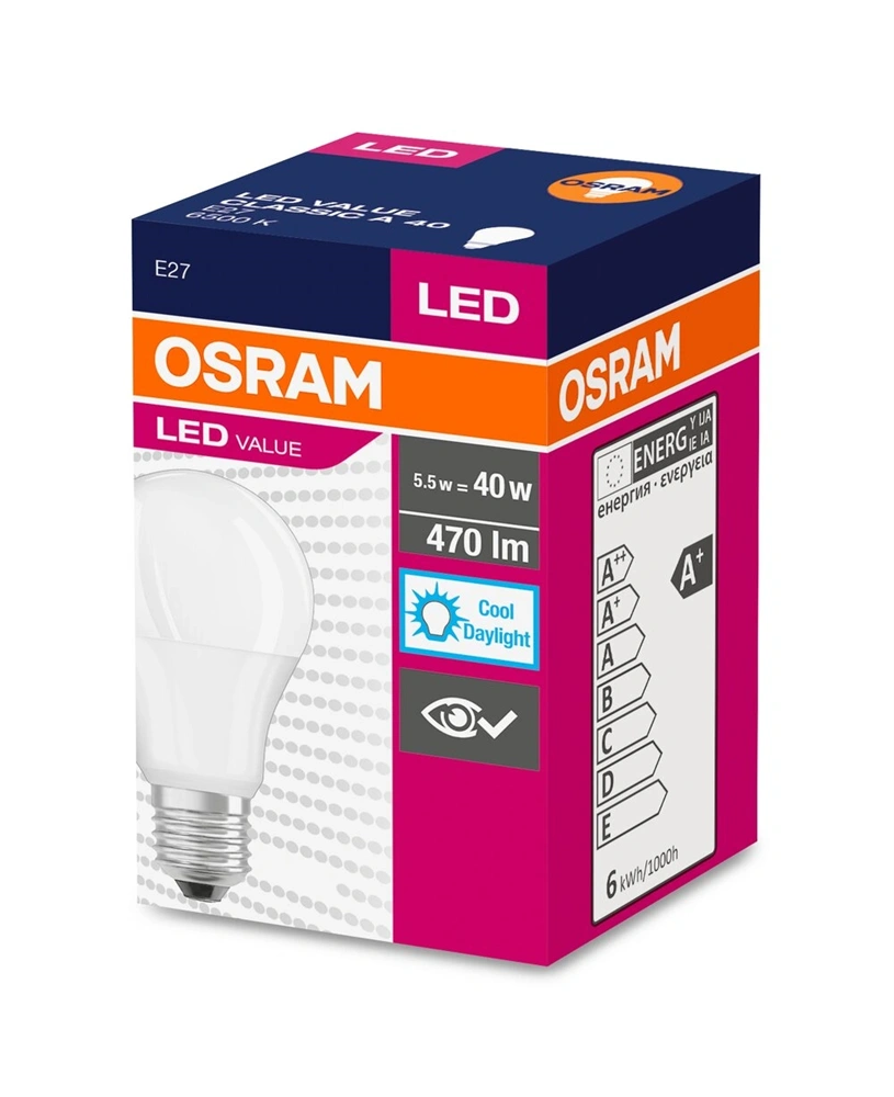 Osram Value opál búra/5,5W/470lm/6500K/E27 LED körte izzó