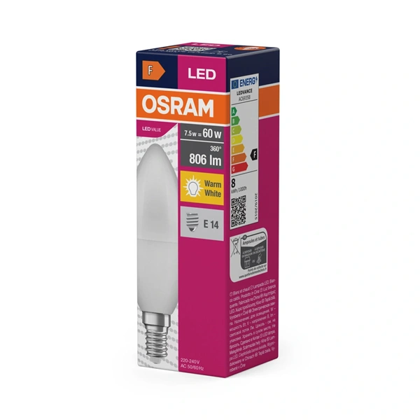 Osram Value opál búra/7W/827lm/2700K/E14 LED gyertya izzó