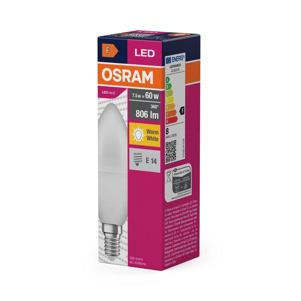 Osram Value opál búra/7W/827lm/2700K/E14 LED gyertya izzó