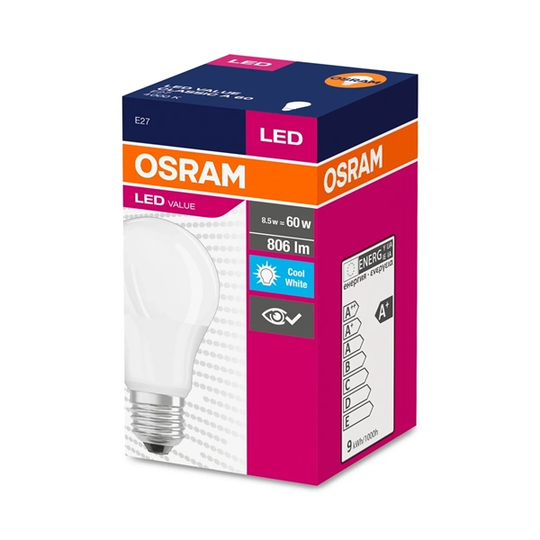 Osram Value opál búra/8,5W/840lm/4000K/E27 LED körte izzó