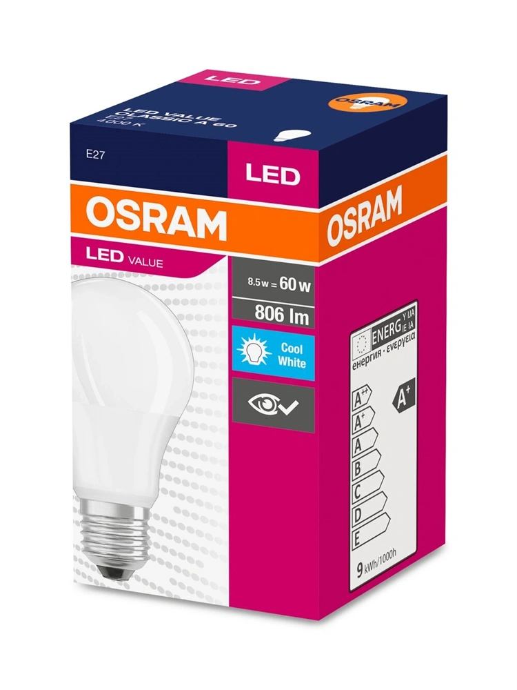 Osram Value opál búra/8,5W/840lm/4000K/E27 LED körte izzó
