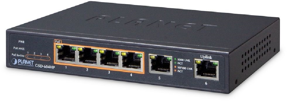PLANET GSD-604HP asztali 4port GbE LAN nem menedzselhető PoE switch