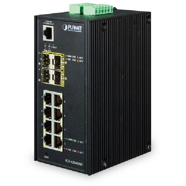 PLANET IGS-12040MT DIN sínre szerelhető 8port GbE LAN 4xSFP L2 menedzselhető ipari switch