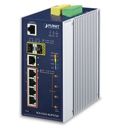 PLANET IGS-5225-4UP1T2S DIN sínre szerelhető 4port GbE LAN 2xSFP L2+ nem menedzselhető ipari PoE+ switch