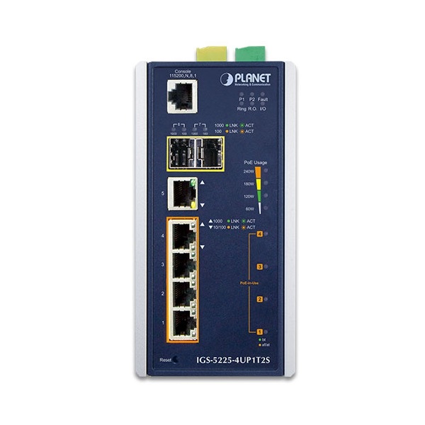 PLANET IGS-5225-4UP1T2S DIN sínre szerelhető 4port GbE LAN 2xSFP L2+ nem menedzselhető ipari PoE+ switch