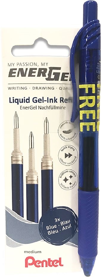 Pentel EnerGel BL107-CX kék toll + 3 db/csom. zselés kék rollerirón betét promóciós pack