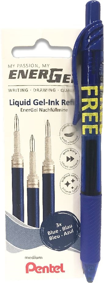 Pentel EnerGel BL107-CX kék toll + 3 db/csom. zselés kék rollerirón betét promóciós pack