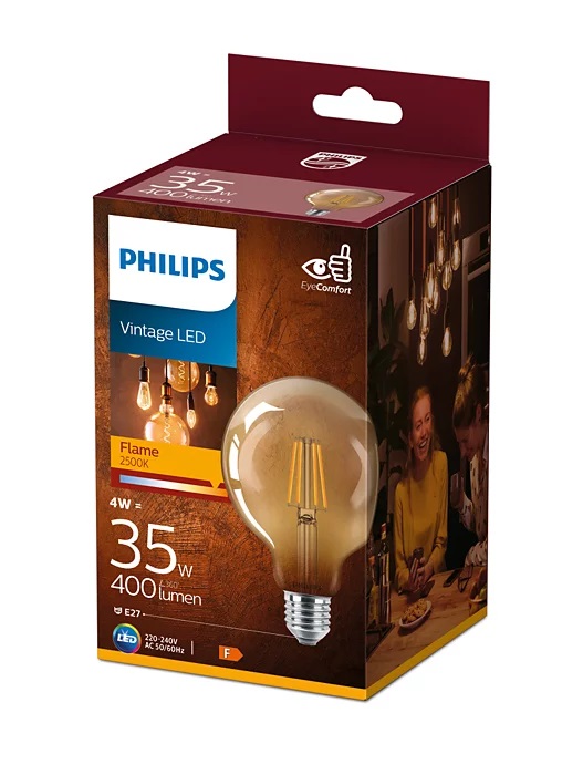 Philips 929001948201 E27 35W átlátszó meleg-fehér retro nagygömb alakú LED fényforrás