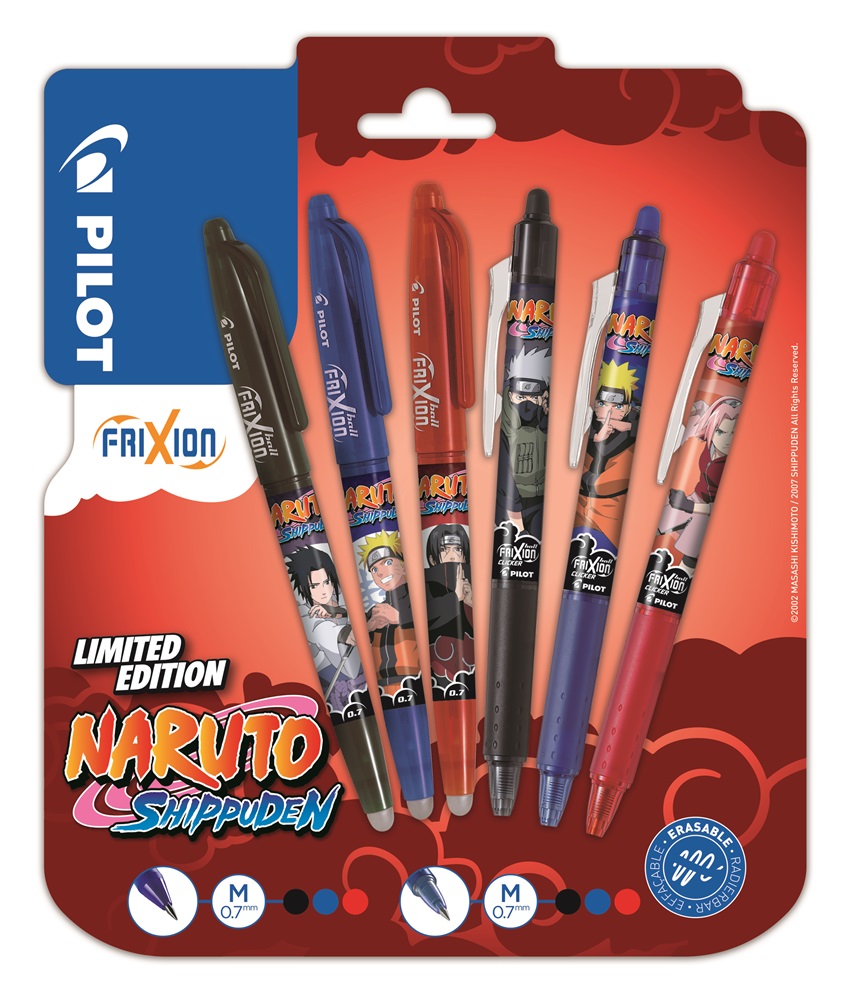 Pilot FriXion NARUTO SHIPPUDEN Limitált kiadás Ball és Clicker fekete, kék, piros, 6 db-os rollerirón
