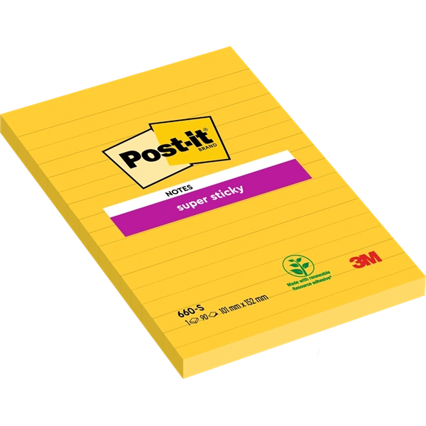 Post-it Super Sticky 102x152mm vonalas 90 lapos nárciszsárga jegyzettömb 100% PEFC, SGSCH-PEFC-COC-110078