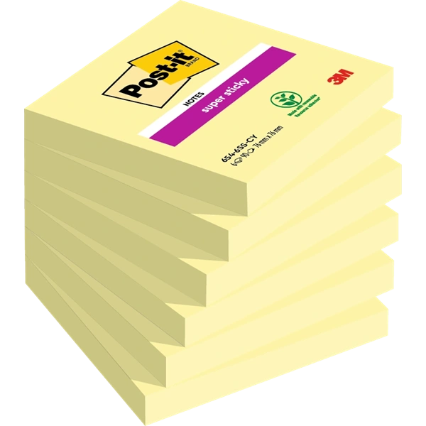 Post-it Super Sticky 654-S 76x76mm 90 lap sárga jegyzettömb 100% PEFC, SGSCH-PEFC-COC-110078