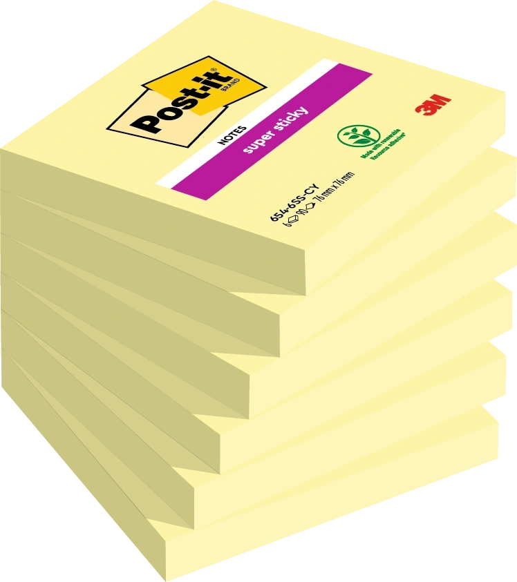 Post-it Super Sticky 654-S 76x76mm 90 lap sárga jegyzettömb 100% PEFC, SGSCH-PEFC-COC-110078