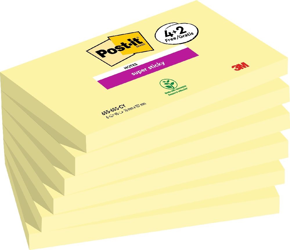 Post-it Super Sticky 655-SSCY 76x127mm 90lapos 4+2 tömb kanárisárga öntapadós jegyzettömb