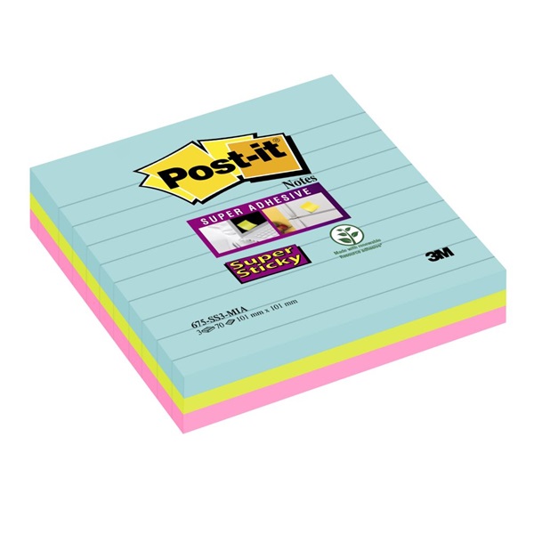 3M Post-it Super Sticky Miami 101x101mm vonalas 3 db/cs.jegyzettömb 100% PEFC, SGSCH-PEFC-COC-110078