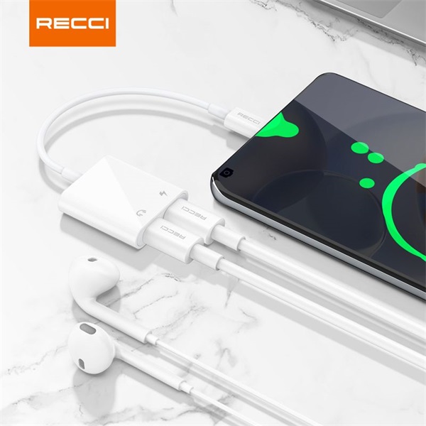 Recci RDS-A09 2x Type C - Type C fehér töltő és audió elosztó adapter