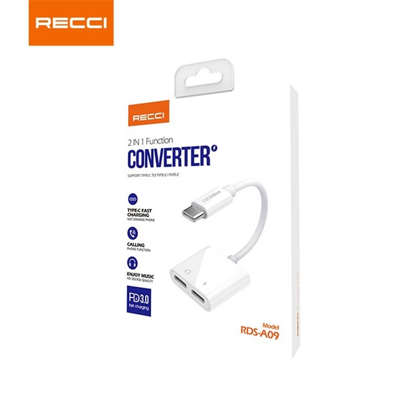 Recci RDS-A09 2x Type C - Type C fehér töltő és audió elosztó adapter