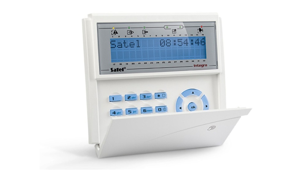 SATEL INTKLCDRBL kék világítással/fedlap nélkül/beépített 125 kHz-s kártyaolvasóval/INTEGRA LCD kezelő
