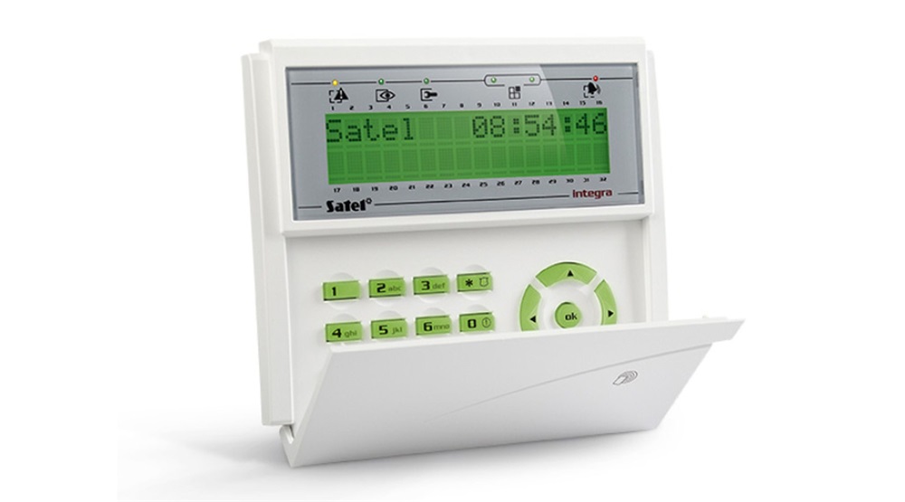 SATEL INTKLCDRGR zöld világítással/fedlap nélkül/beépített 125 kHz-s kártyaolvasóval/INTEGRA LCD kezelő