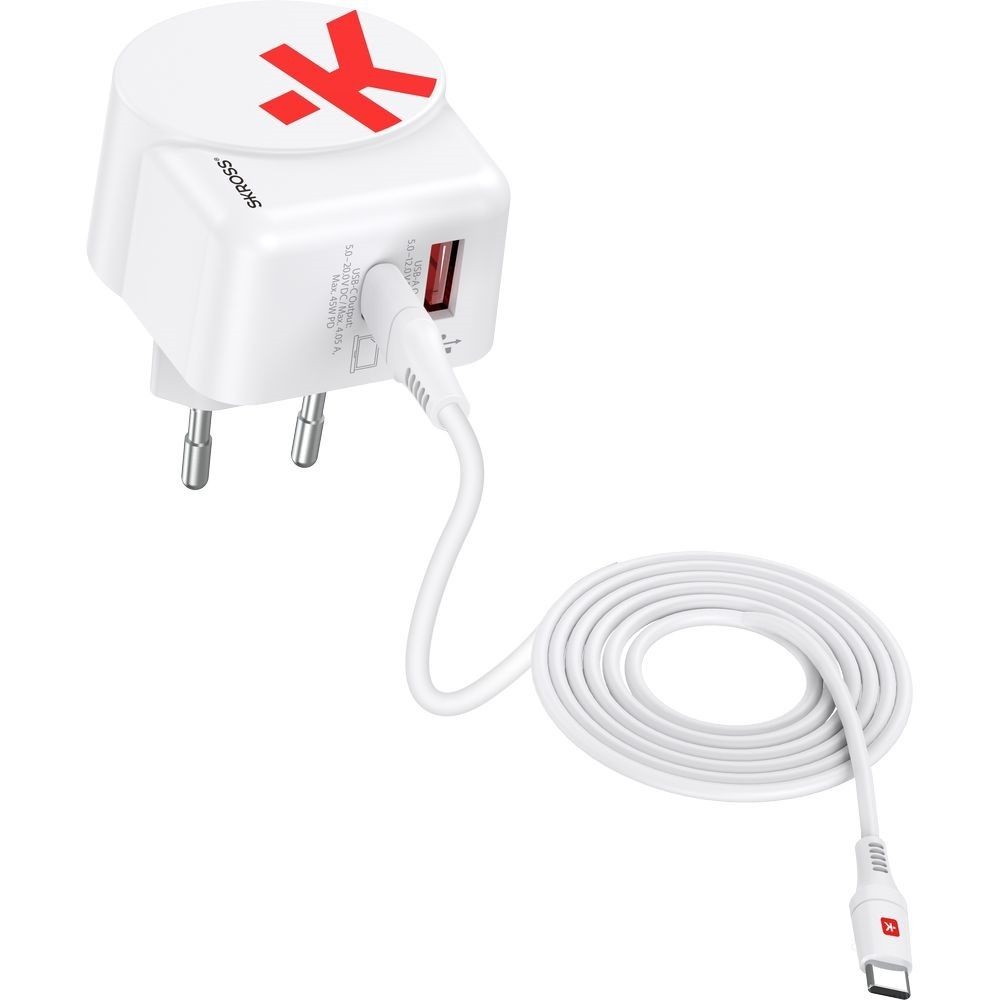 SKROSS 1.302424 45W GaN USB-A/USB-C fehér gyorstöltő + Type-C kábel