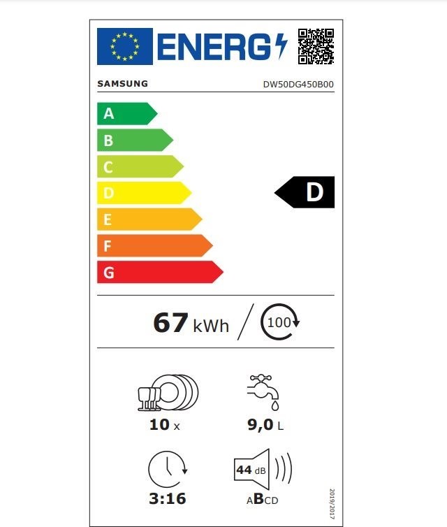 Samsung DW50DG450B00LE fehér, programok száma: 6, keskeny beépíthető, 10 terítékes mosogatógép 
