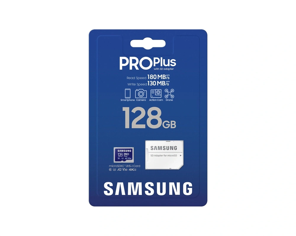 Samsung MicroSD kártya - 128GB MB-MD128SA/EU (PRO PLUS, R180/W130, adapter, 128GB)