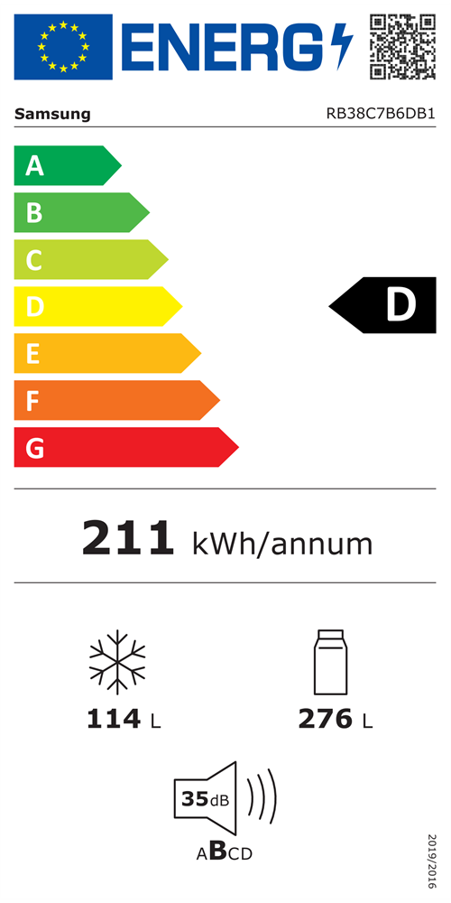Samsung RB38C7B6DB1/EF fekete, alulfagyasztós, Hűtő:276L, Fagyasztó:114L, hűtőszekrény