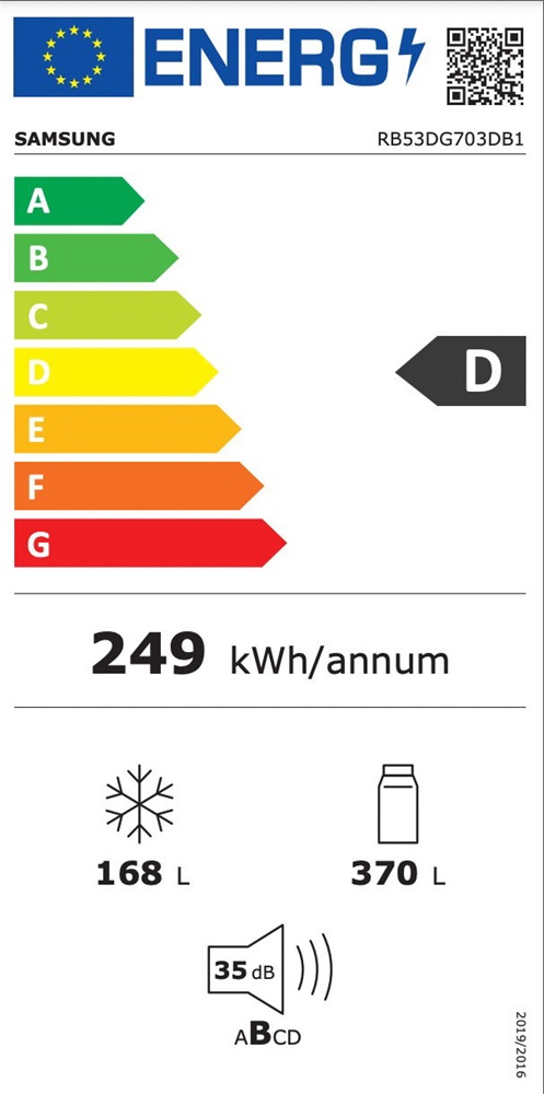 Samsung RB53DG703DB1EO fekete, alulfagyasztós, Hűtő:370L, Fagyasztó:168L, hűtőszekrény