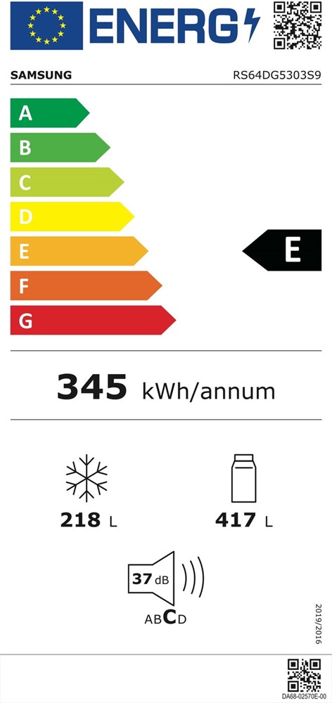 Samsung RS64DG5303S9EO, Side-by-Side, Hűtő:417L, Fagyasztó:218L, hűtőszekrény