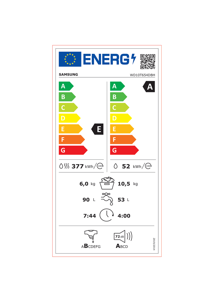 Samsung WD10T654DBH/S6 fehér, elöltöltős, max.1400ford., 10,5 kg/6 kg, mosó-szárítógép