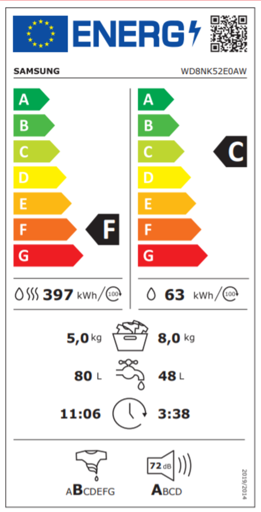 Samsung WD8NK52E0AW/LE fehér, elöltöltős, max.1200ford., 8 kg/5 kg, mosó-szárítógép