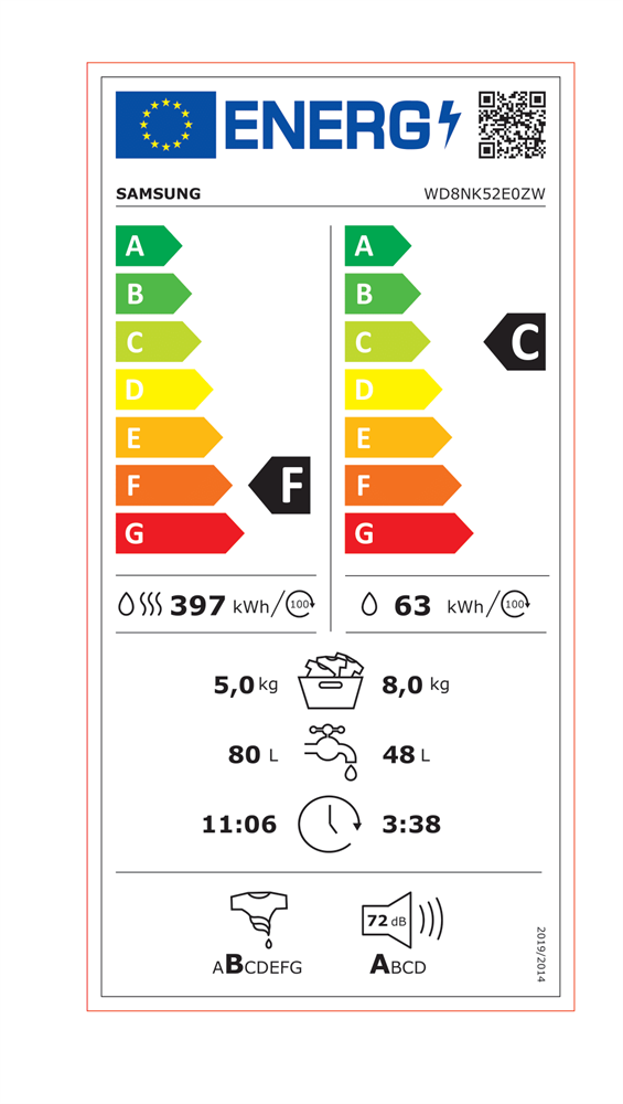 Samsung WD8NK52E0ZW/LE fehér, elöltöltős, max.1200ford., 8 kg/5 kg, mosó-szárítógép