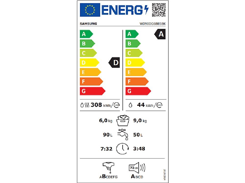 Samsung WD90DG6B85BKU4 fehér, elöltöltős, max.1400ford., 9 kg/6 kg, mosó-szárítógép