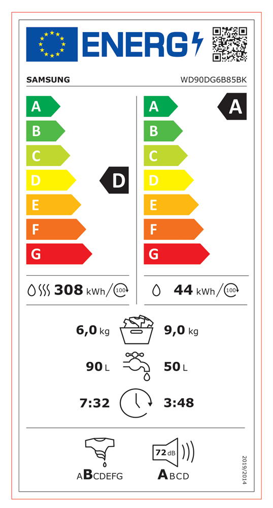 Samsung WD90DG6B85BKU4 fehér, elöltöltős, max.1400ford., 9 kg/6 kg, mosó-szárítógép