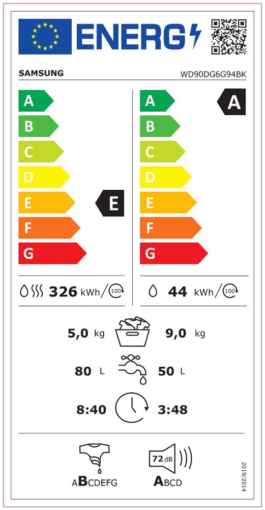 Samsung WD90DG6G94BKU4 fehér, elöltöltős, max.1400ford., 9 kg/5 kg, mosó-szárítógép