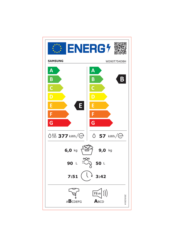 Samsung WD90T754DBH/S6 fehér, elöltöltős, max.1400ford., 9 kg/6 kg, mosó-szárítógép