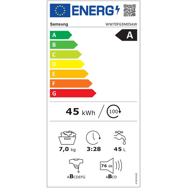Samsung WW70FG3M05AWLE fehér, elöltöltős, keskeny, max.1400ford., 7 kg, mosógép