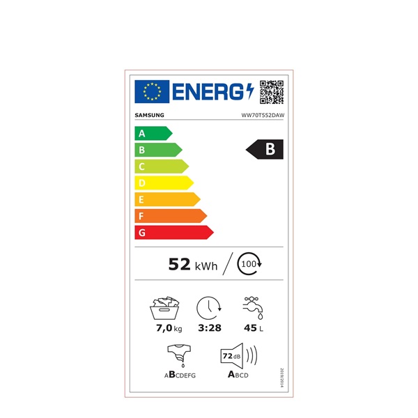 Samsung WW70T552DAW/S6 fehér, elöltöltős, max.1200ford., 7 kg, mosógép (Újszerű)