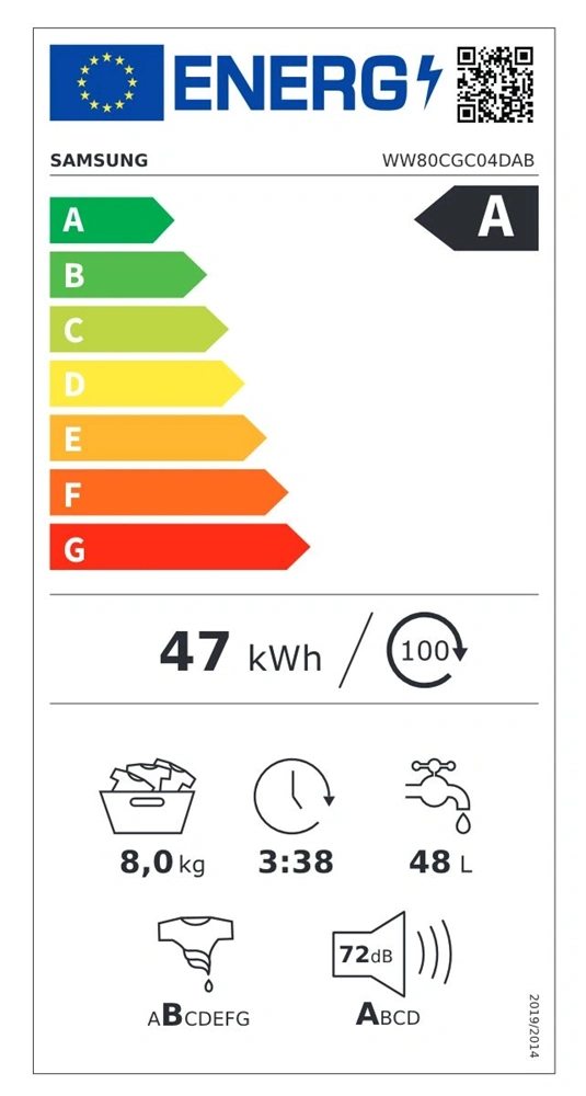 Samsung WW80CGC04DABLE fekete, elöltöltős, max.1400ford., 8 kg, mosógép (Használt - A)