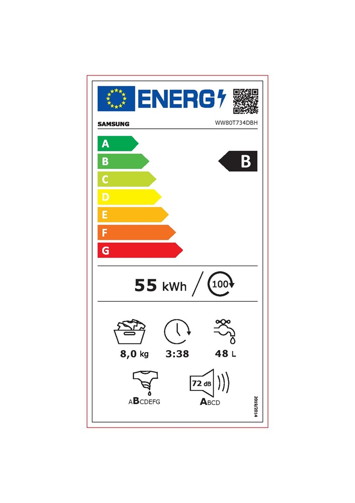 Samsung WW80T734DBH/S6 fehér, elöltöltős, max.1400ford., 8 kg, mosógép