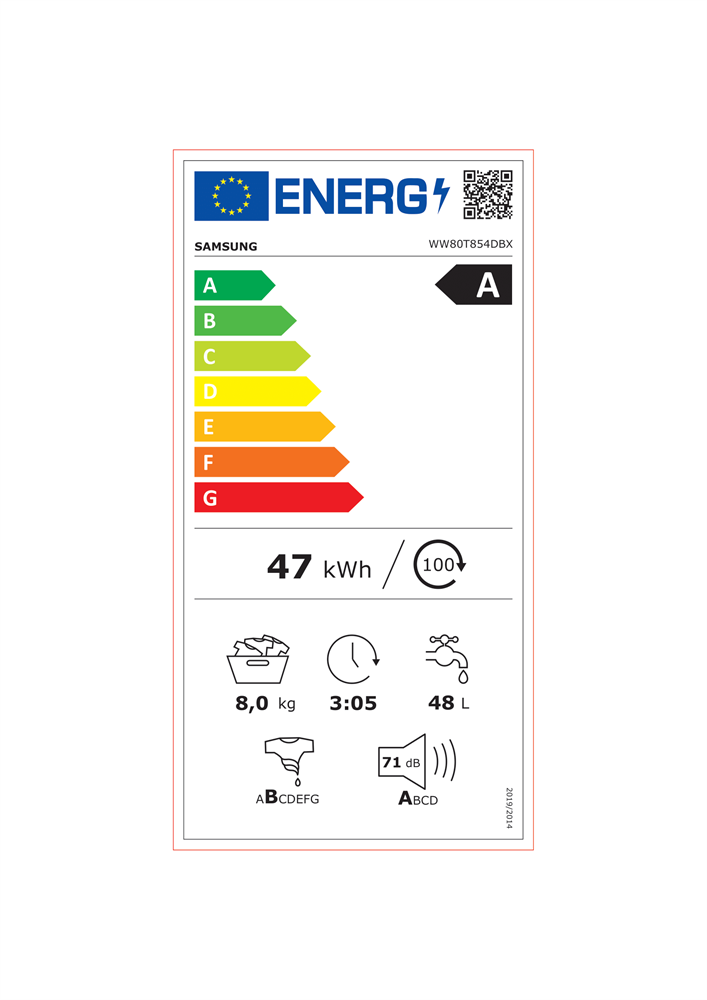 Samsung WW80T854DBX/S6 fekete, elöltöltős, max.1400ford., 8 kg, mosógép