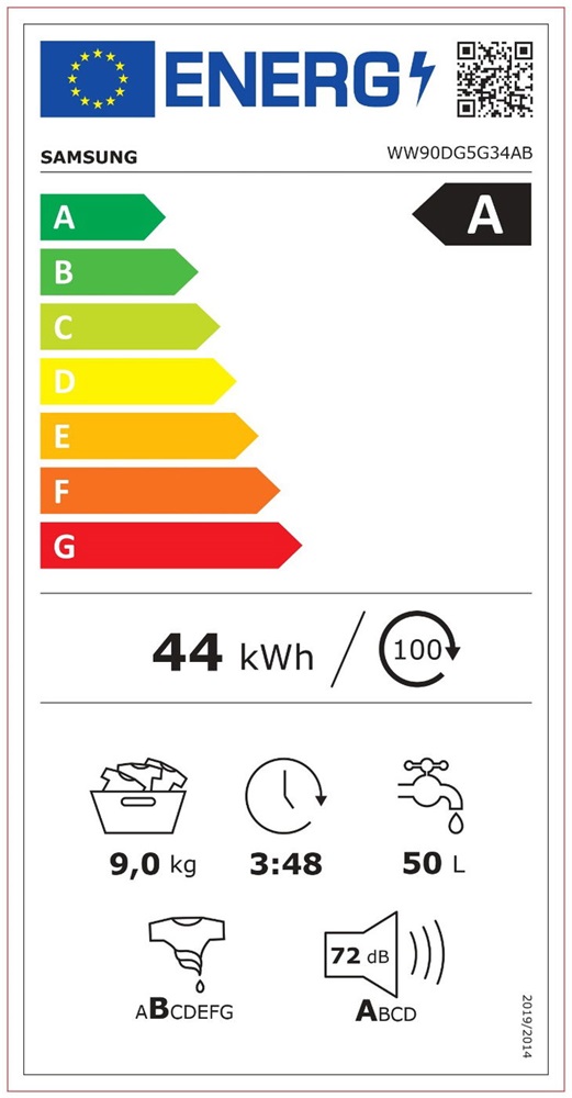 Samsung WW90DG5G34ABLE fekete, elöltöltős, keskeny, max.1400ford., 9 kg, mosógép