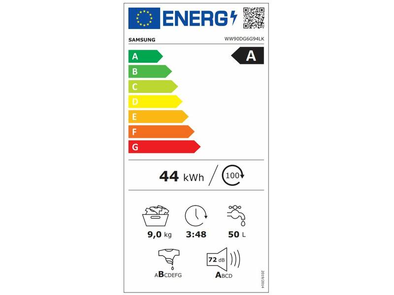 Samsung WW90DG6G94LKU4 fehér, elöltöltős, keskeny, max.1400ford., 9 kg, mosógép