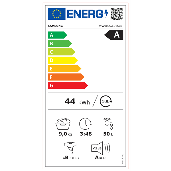 Samsung WW90DG6U25LEU4 fehér, elöltöltős, max.1400ford., 9 kg, mosógép (Újszerű)