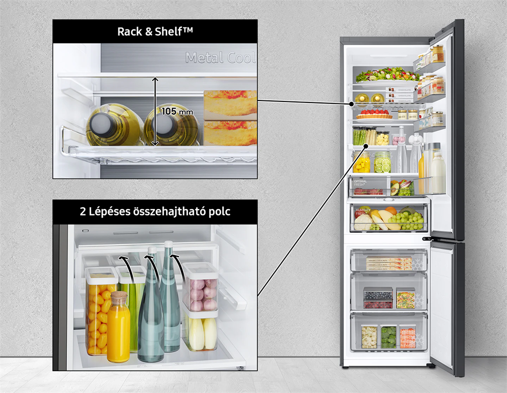 Samsung RB34A7B5DS9/EF inox, alulfagyasztós, Hűtő:230L, Fagyasztó:114L, No frost hűtőszekrény