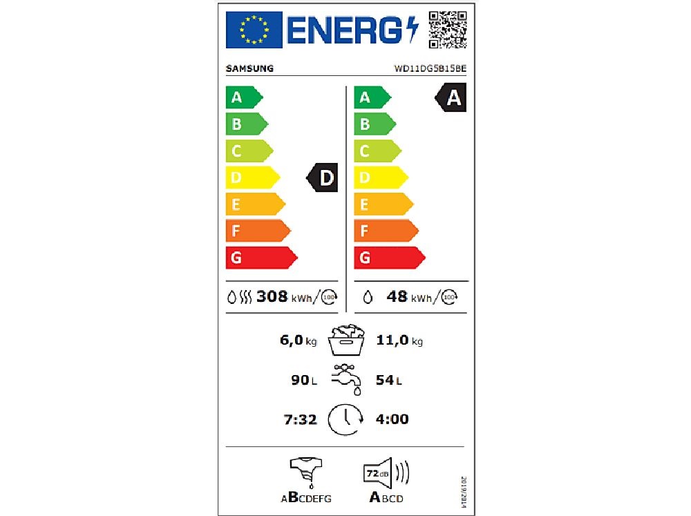 Samsung WD11DG5B15BELE fehér, elöltöltős, max.1400ford., 11 kg/6 kg, mosó-szárítógép