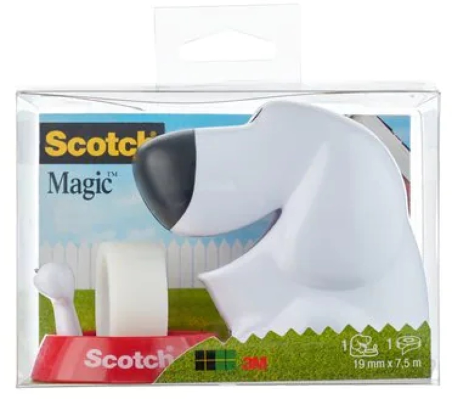 Scotch Magic vidám kutya ragasztószalag adagoló + 1tekercs Scotch Magic 19mmx7,5m ragasztószalag