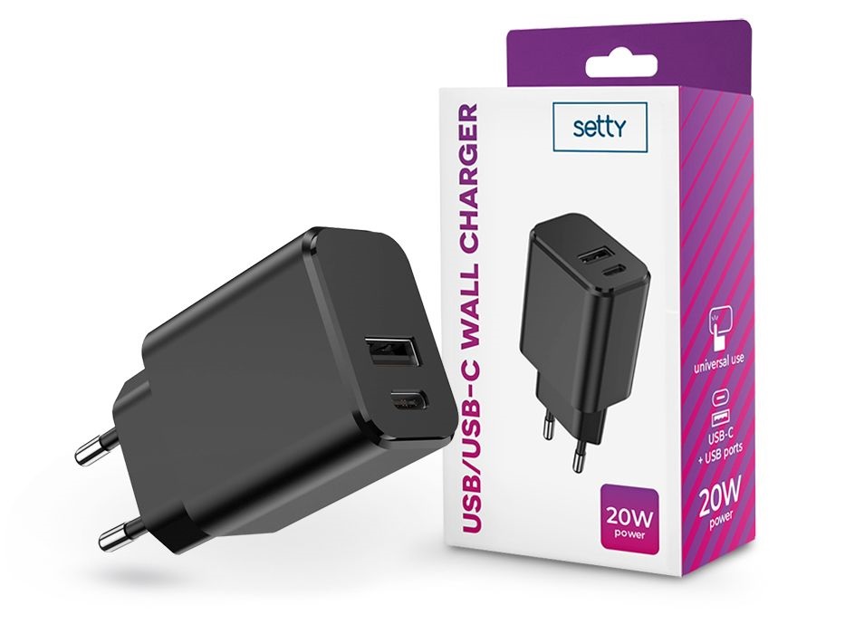 Setty TF-0120 20W Type-C/USB fekete hálózati töltő