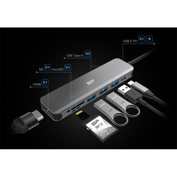 Silicon Power SPU3C07DOCSU200G HDMI/MicroSD/SD/USB3.0/Type-C fekete 7in1 USB-C HUB