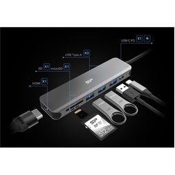 Silicon Power SPU3C07DOCSU200G HDMI/MicroSD/SD/USB3.0/Type-C fekete 7in1 USB-C HUB