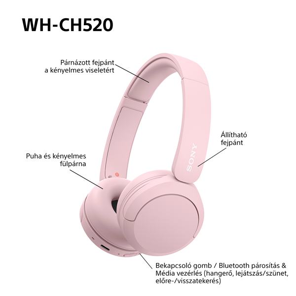 Sony WH-CH520 Bluetooth rózsaszín fejhallgató